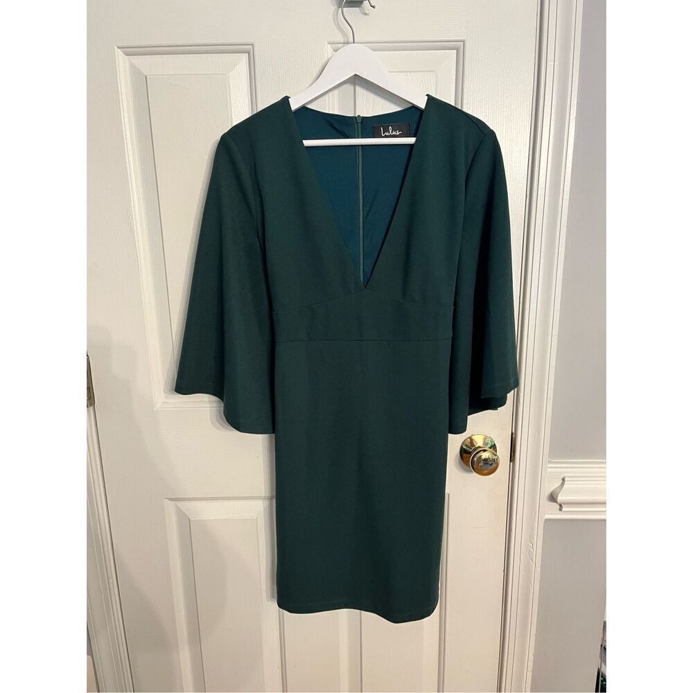Lulu’s Teal Green Bell Sleeve Tie Back Midi Dress sz L EUC